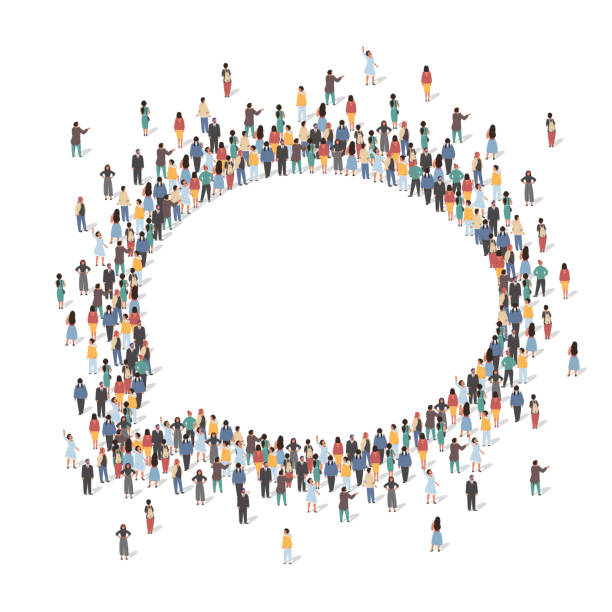 Large group of people standing together in the shape of speech bubble, flat vector illustration. Social communication. Large group of people standing together in the shape of speech bubble, flat vector illustration. People crowd gathering. Social communication concept. large stock illustrations