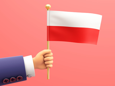Cartoon Hand holding a flag of Poland. 3d illustration.