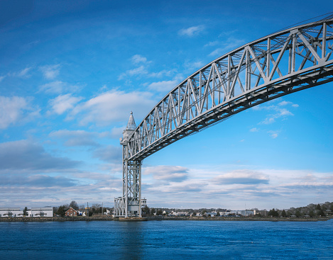 The vertical lift bridge in Bourne, Massachusetts, was built in 1933-35 and is 544 feet (166 m) long, connecting Cape Cod with the mainland across Cape Cod Canal.