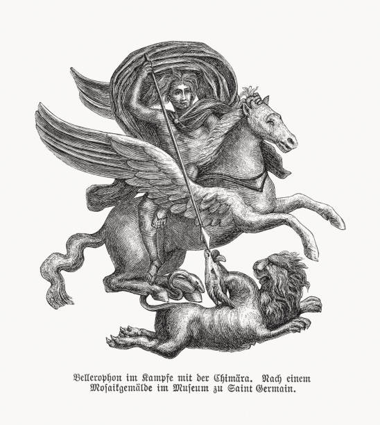 ilustraciones, imágenes clip art, dibujos animados e iconos de stock de bellerophon matando a la quimera, grabado en madera, publicado en 1893 - mosaic ancient greek culture greek mythology