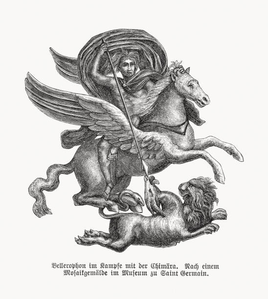 беллерофон, убивающий химеру, деревянная гравюра, опубликованная в 1893 году - mosaic ancient greek culture greek mythology stock illustrations