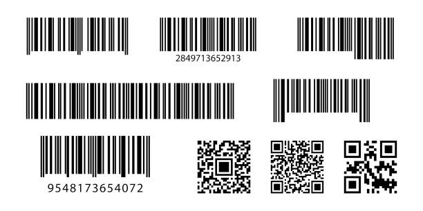 stockillustraties, clipart, cartoons en iconen met vectorcode informatie, qr, store scan codes. zakelijke barcodes en qr-codes vectorset. zwart gestreepte code voor digitale identificatie, realistisch streepjescodepictogram. - streepjescode