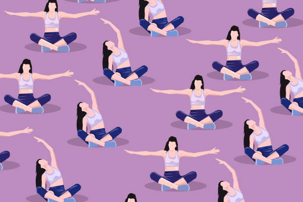 ilustrações de stock, clip art, desenhos animados e ícones de woman doing yoga seamless pattern - balance health well being background white