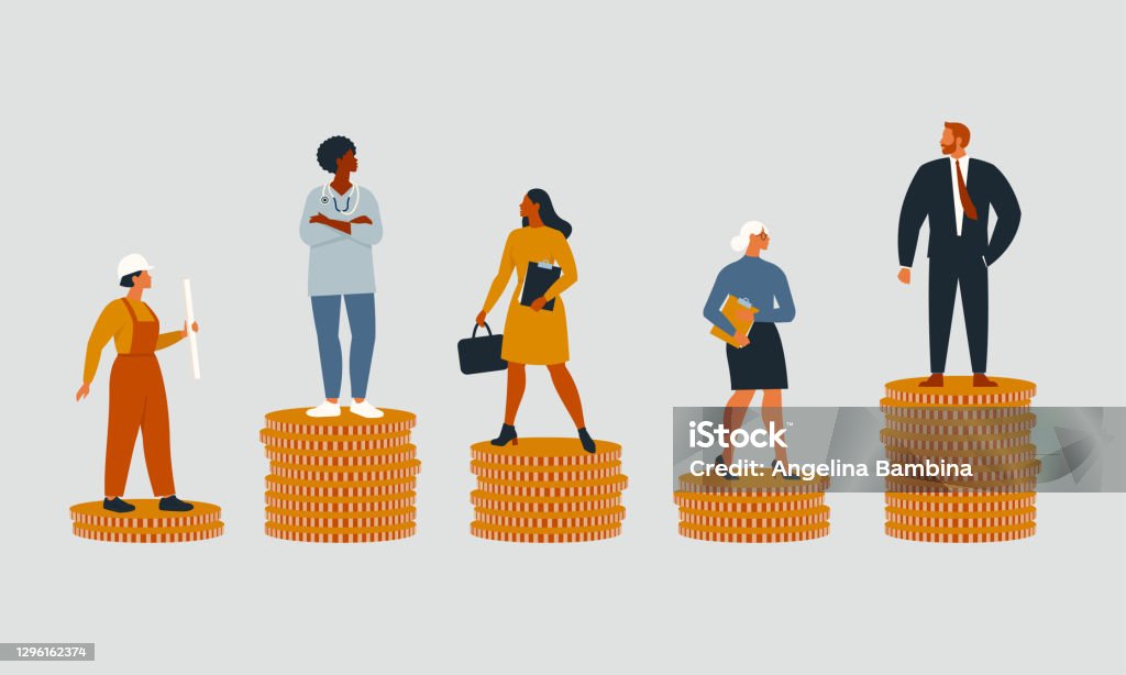 Rich and poor people with different salary, income or career growth unfair opportunity. Concept of financial inequality or gap in earning. Flat vector cartoon illustration isolated. Wages stock vector
