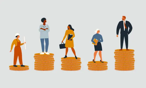 Vector illustration of Rich and poor people with different salary, income or career growth unfair opportunity. Concept of financial inequality or gap in earning. Flat vector cartoon illustration isolated.