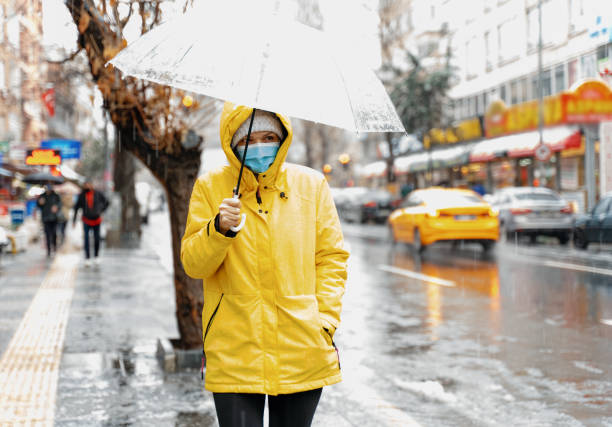 istock Woman with umbrella  on rainy day 1296163164