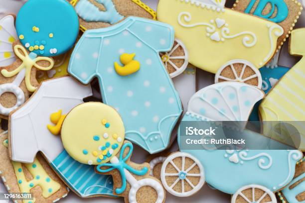 Assortment Of Baby Shower Cookies Stock Photo - Download Image Now - Baby Shower, Cookie, Toy Rattle