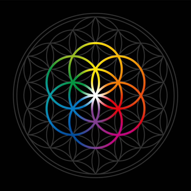 istock Rainbow colored Seed of Life in gray Flower of Life over black 1296167630