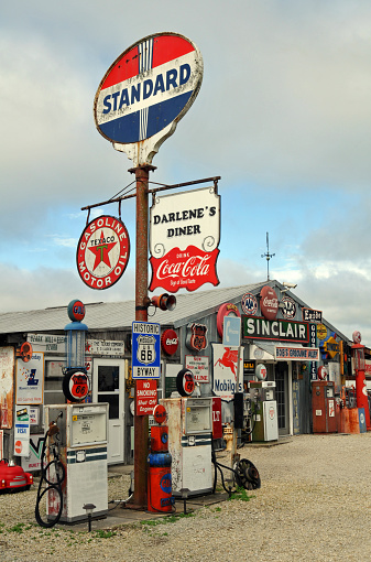 Cuba, MO, USA, Oct. 3, 2019: A collection of antique gas station memorabilia on display at Bob's Gasoline Alley, off Route 66 near Cuba, Missouri. The roadside attraction closed in 2020.