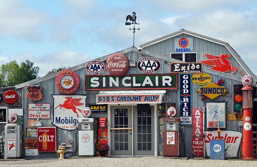 Cuba, MO, USA, Oct. 3, 2019: A collection of antique gas station memorabilia on display at Bob's Gasoline Alley, off Route 66 near Cuba, Missouri. The roadside attraction closed in 2020.