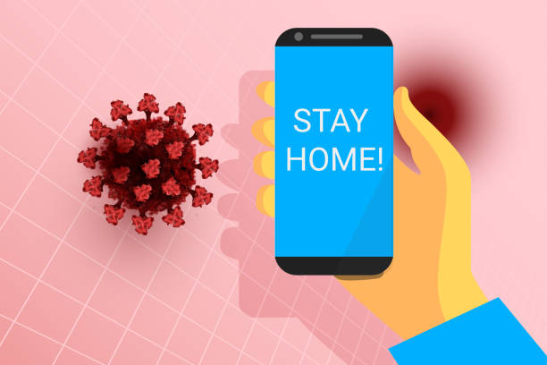 istock Stay home alert. Mobile phone in hand. Red coronavirus on skin color background. virus 3d model. Covid-19 pathogen icon. Vector sign 1296167891
