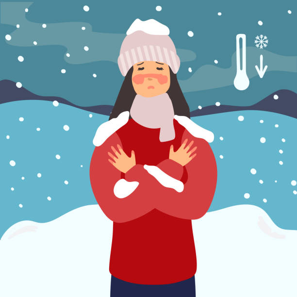 woman suffering from frostbite. Girl with frozen hands in winter standing outside, in the snow. flat design. Healthcare concept woman suffering from frostbite. Girl with frozen hands in winter standing outside, in the snow. flat design. Healthcare concept. non gender figure stock illustrations