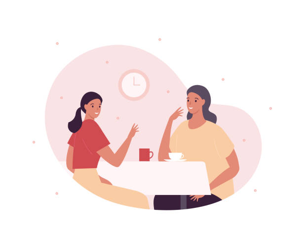 ilustrações de stock, clip art, desenhos animados e ícones de family eating together concept. vector flat person illustration. mother with daughter sitting at dining table with coffee or tea cup drink. happy parent with child breakfast in restaurant. - coffee at home