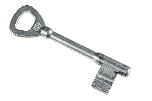 silver locker key on white background. photo of mako