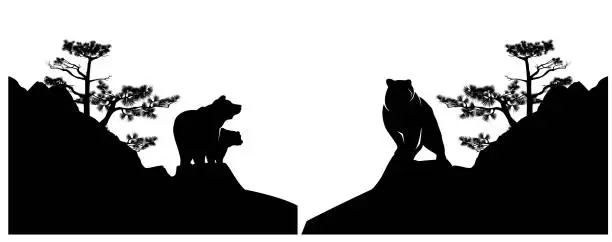 Vector illustration of black vector silhouette of bear family on pine tree cliff