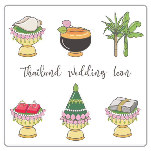 illustrations, cliparts, dessins animés et icônes de chronologie de mariage thai icônes ensemble. icône de cérémonie de mariage de thaïlande. - traditional ceremony sign symbol wedding