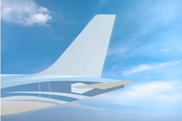 Vector illustration of Part of airplane. Tail of airplane with blue sky.