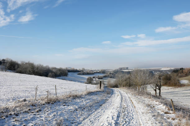 istock Winter landscape with snowy fields and blue sky 1296173498