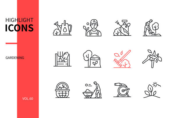 Gardening concept - line design style icons set Gardening concept - line design style icons set. Summer activity, occupation. Watering pot, gardener, sprayer, planting, tools, fertilizer, raking, cutting, basket, wheelbarrow, hose, crop images sack barrow stock illustrations