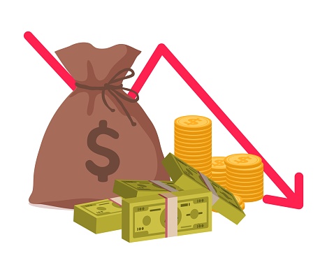 Money loss. Economic crisis or bankruptcy. Cartoon bag with gold coins and bundles of banknotes. Graph of falling financial indicators. Illiquid investment and income decline, vector illustration