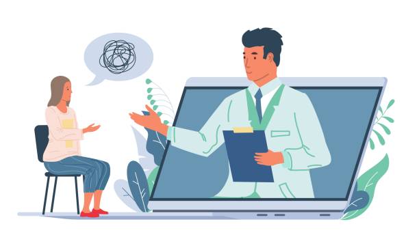 Online psychological support. Psychologist consulting patient through video call, woman talking about personal problems. Web medical specialists consultation. Vector psychotherapy concept Online psychological support. Cartoon psychologist consulting patient through video call, cute woman talking about personal problems. Web medical specialists consultation. Vector psychotherapy concept melancholy computer support specialist stock illustrations