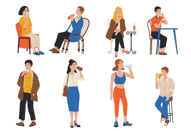 ilustrações de stock, clip art, desenhos animados e ícones de people drink. cartoon men and women holding bottles, cups and glasses. cute drinking persons at home and in restaurant or outdoor. young males and females with beverages, vector set - toast coffee