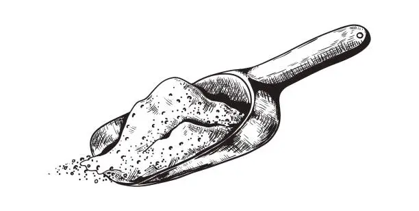 Vector illustration of Hand drawn scoop. Shovel scooping up sand or sugar. Monochrome measuring spoon full of bulk products. Wooden or plastic instrument. Vector black and white illustration with hatching