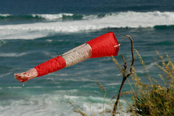 A windsock erected next to the beach where paragliders need to come in for a landing
