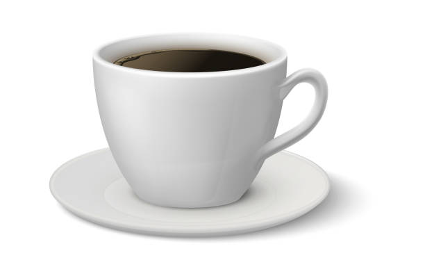 Realistic coffee cup. Espresso 3D mockup, white mug on plate side view, hot beverage in ceramic crockery, morning caffeine aromatic drink, 3d advertise element vector illustration Realistic coffee cup. Espresso 3D mockup, white mug on plate side view, hot beverage in ceramic crockery, morning caffeine aromatic drink, 3d advertise element vector single isolated illustration coffee stock illustrations