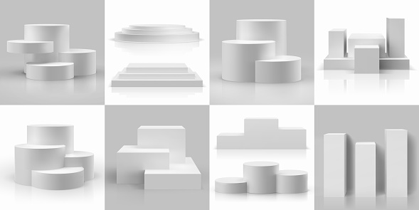 Realistic podium. 3D empty circular or cube platforms and product base mockup. Isolated geometric compositions for exhibition and presentation. Blank stepped pedestal. Vector white templates set