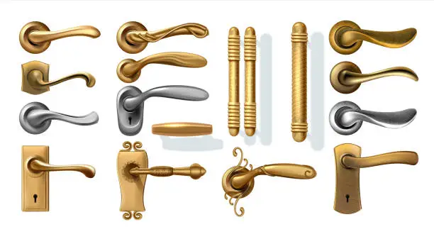 Vector illustration of Golden door handles. 3D decorative interior elements from steel or silver and bronze. Realistic furniture for windows. Classic and ornamental knobs with keyhole. Vector isolated set