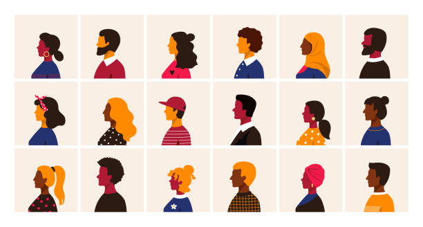 ilustrações de stock, clip art, desenhos animados e ícones de people profile. cartoon multiethnic man and women character user avatars, trendy minimal person side view collection. male and female old and young age vector different race simple set - latin american and hispanic ethnicity illustrations