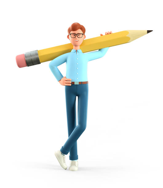 istock 3D illustration of smiling creative man holding big pencil on shoulder and generating ideas. Cartoon standing businessman, team leader, isolated on white background. 1296181221