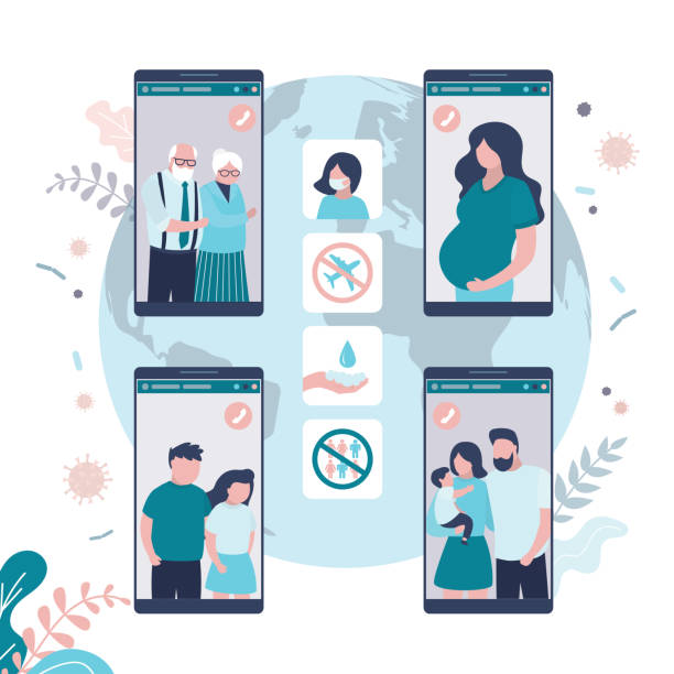 People communicate by online video call. Big family talking on smartphone screens. New remote conference technology. Social distancing People communicate by online video call. Big family talking on smartphone screens. New remote conference technology. Social distancing, covid-19 prevention. Flat vector illustration divergent movie review stock illustrations