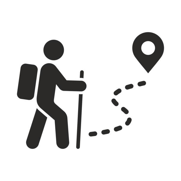 Hiking icon. Walking. Public footpath. Trail. Vector icon isolated on white background. recreational pursuit illustrations stock illustrations