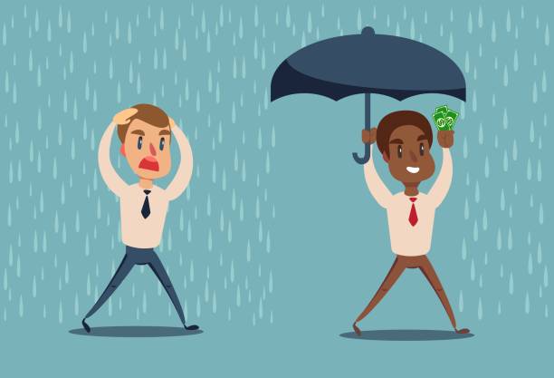 illustrations, cliparts, dessins animés et icônes de l’homme sous la pluie. l’homme d’affaires vont de la pluie tandis qu’un autre homme d’affaires a le parapluie - security umbrella rain currency