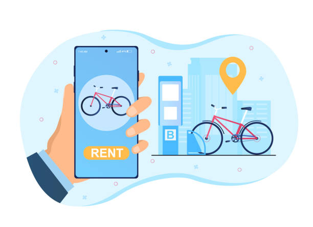 illustrations, cliparts, dessins animés et icônes de la main retient le smartphone avec l’application de partage de vélo - location vélo