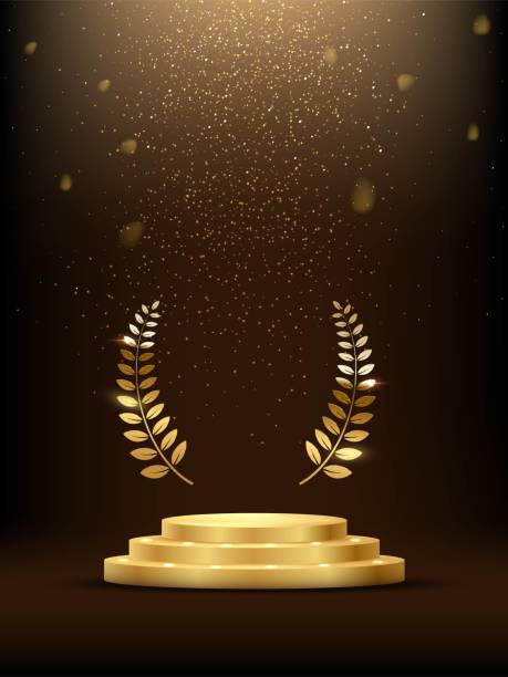 goldenes dreistufiges podium mit lorbeerkranz unter fallendem goldglitzer isoliert auf dunklem hintergrund. vektor-illustration. - podium pedestal construction platform award stock-grafiken, -clipart, -cartoons und -symbole