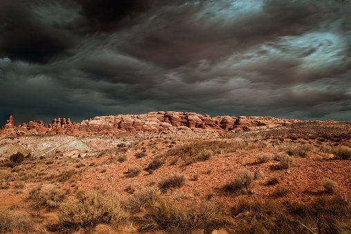 Dramatic thunderstorm clouds over the Arches National Park, Utah USA