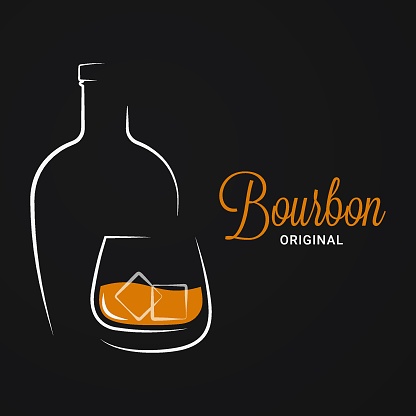 Bourbon or whiskey design. Brandy bottle and glass on black background 10 eps