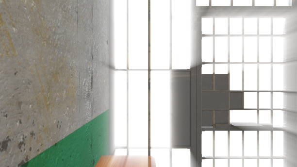 interior da sala da prisão dentro com raios de brilho, computador gerado. 3d renderização de fundo grunge - prison cell prison prison cell door crime - fotografias e filmes do acervo