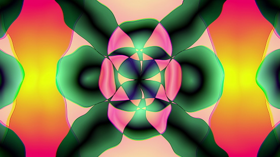 Computer generated psychedelic backdrop from colorful spots. 3D rendering of fusion of shape and bright color