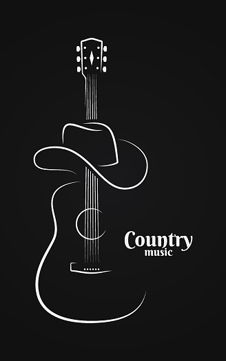 Country music sign. Cowboy hat with guitar live music on black background 10 eps
