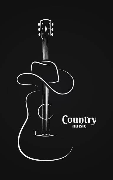Country music sign. Cowboy hat with guitar live music on black background Country music sign. Cowboy hat with guitar live music on black background 10 eps guitar designs stock illustrations