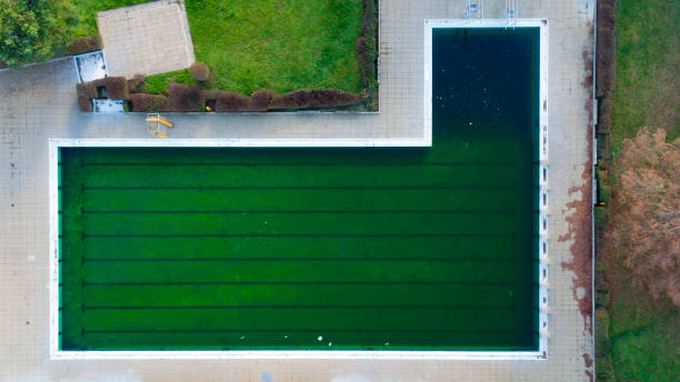 istock Abandoned open-air swimming pool, lost place - aerial view 1296199591