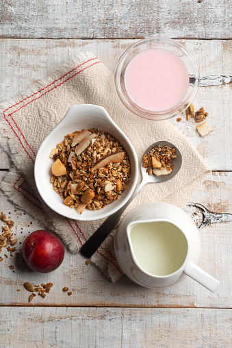 Healthy breakfast with homemade granola with nuts.