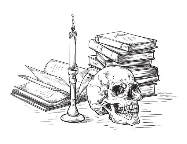 Vector illustration of handmade sketch death concept human skull on old books near candle on dark background vector