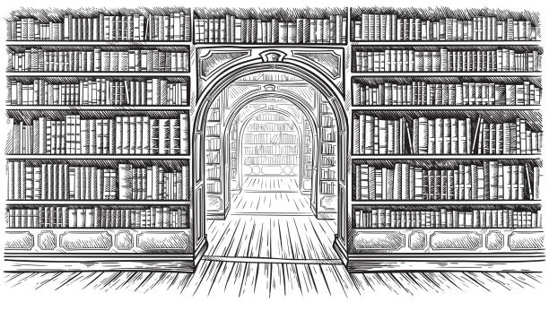 ilustraciones, imágenes clip art, dibujos animados e iconos de stock de biblioteca libro estante interior gráfico boceto negro blanco ilustración vector - biblioteca
