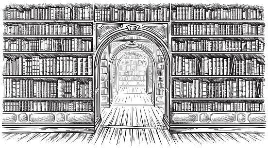 Library book shelf interior graphic sketch black white illustration vector illustration
