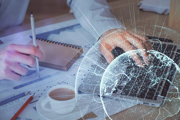 istock Media network theme hologram with man working on computer on background. Concept of internet communication. Double exposure. 1296201264
